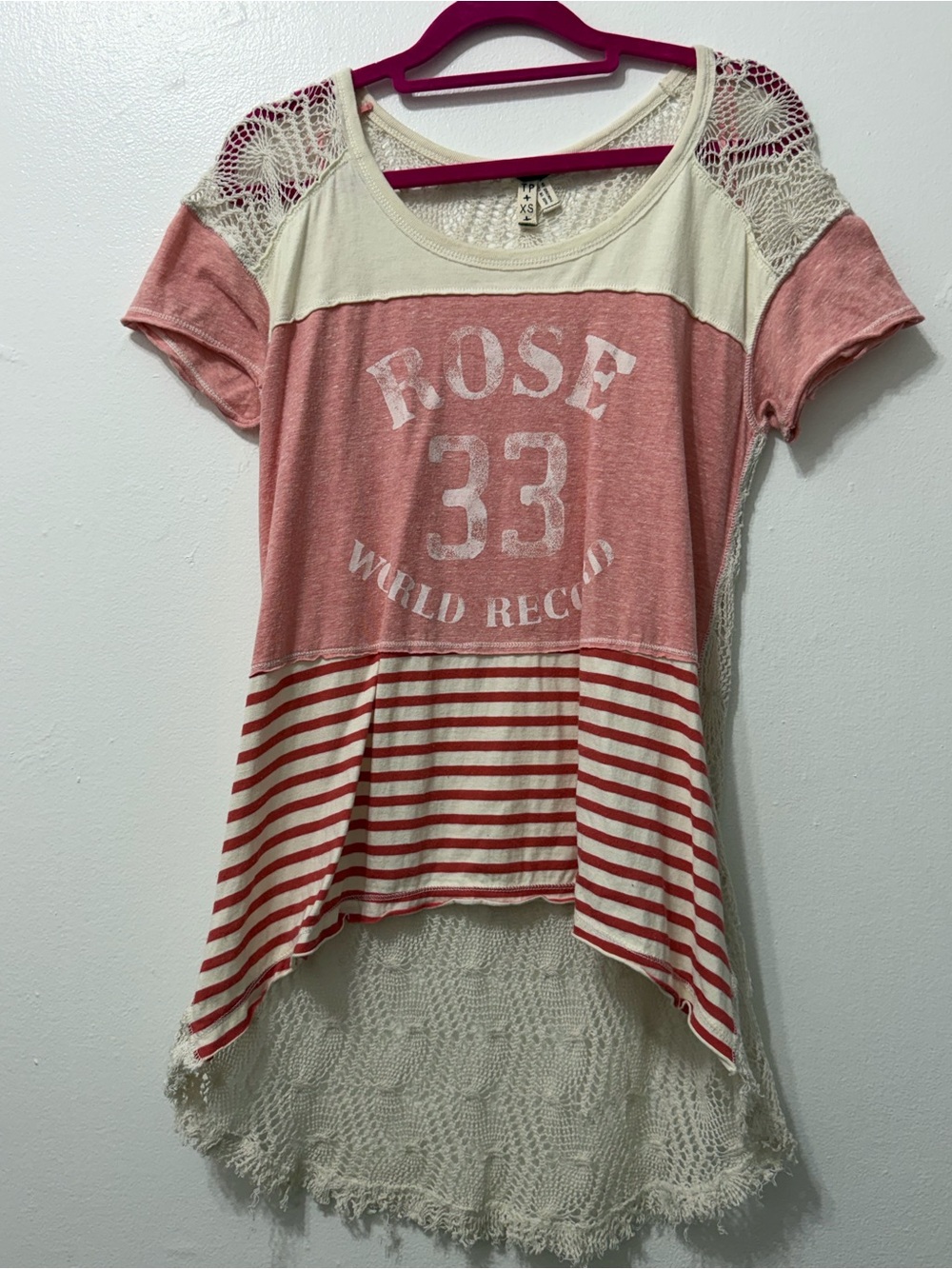 We The Free Rose 33 Short Sleeve Crochet Trim Tunic Top - Pink & Cream